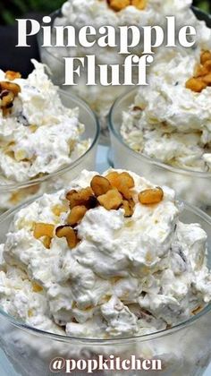 four small glass bowls filled with food on top of a blue tablecloth and the words pineapple fluff above them