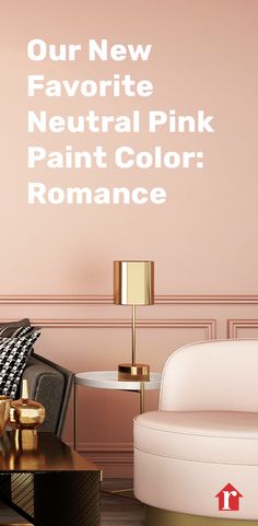 a living room with pink walls and gold accents on the wall is featured in an article about new favorite neutral pink paint color romance