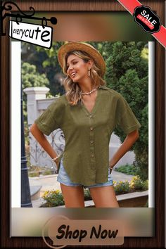 Army Green Side Split Button Short Sleeve Shirt Button-up Tops With Button Cuffs For Vacation, Vacation Button-up Tops With Button Cuffs, Khaki Button-up Top With Snap Buttons, Casual Short Sleeve Blouse With Snap Buttons, Khaki Summer Shirt With Button Closure, Summer Khaki Shirt With Button Closure, Khaki Button-up Shirt For Summer, Casual Summer Blouse With Snap Buttons, Khaki Tops With Button Closure For Day Out