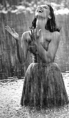 two photos of a woman in the rain with her hands up to her face and mouth