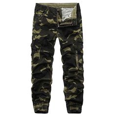 Complete your street/urban fashion look with these stylish men's cotton camouflage zipper button cargo pants. with a comfortable fit and an eye-catching design, these pants are perfect for a night out or everyday wear. Camo Pants Men, Cotton Pants Men, Cotton Casual Pants, Camouflage Cargo Pants, Army Camouflage, Army Pants, Cotton Cargo Pants, Baggy Cargo Pants, Camouflage Pants