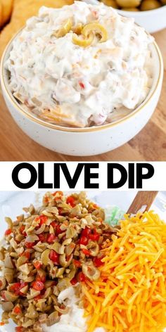 two pictures with different types of food in them and the words olive dip on top