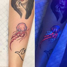 two different tattoos that have jellyfishs on them