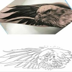 an eagle tattoo on the left arm and in the right hand, it is black and white