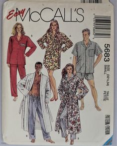 McCall's 5683.  Misses/Mens pajamas, nightshirt and robe pattern.  Choose size at checkout. Size Small.  (Chest/bust 32.5, 34")  Uncut, factory folded. Size Large.  (Chest/bust 40,42)  Uncut, factory folded.  Storage wear on envelope. As described, "Kimono styled robe has separate front and back band, patch pockets with optional applique for View B, belt carriers and tie belt.  Nightshirt A with shaped hemline and pajama top B, C all have buttoned front, patch pockets and long or short sleeves.  Pull on pajama pants B or Shorts C, without side seams, have fold back casing at waist with option of elastic or self fabric drawstring." "Easy sew", classic "man" style pajamas are so comfortable and nice, as is the kimono style robe. Kimono Robes Pattern, Kimono Pajamas, Pajama Pattern, Classic Pajamas, Boys Sleepwear, Kimono Pattern, Mens Fashion Classic, Mccalls Sewing Patterns, Womens Kimono