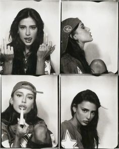 black and white photo of four different women making peace signs with their hands, one holding an ice cream cone