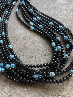 Sterling Silver Multi Strand Black Onyx with Turquoise Bead Necklace. 24 Inch Elegant Turquoise Jewelry With Black Beads, Turquoise Bead Necklaces, Multi Strand Necklace, Turquoise Beads, Multi Strand, Bead Necklace, Pearl Beads, Black Onyx, Beautiful Necklaces