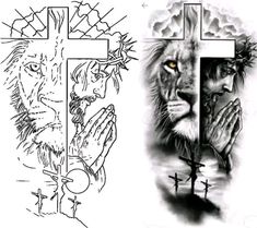 the cross and lion are depicted in this tattoo design