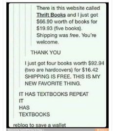 a text message that reads, there is this website called thrift books and i just got $ 599 worth of books for shipping