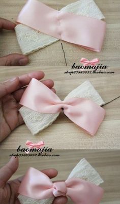 the instructions for how to make a bow tie with lace and ribbon on it are shown in three different ways