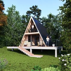 a - frame cabin in the woods with stairs leading up to it's second floor