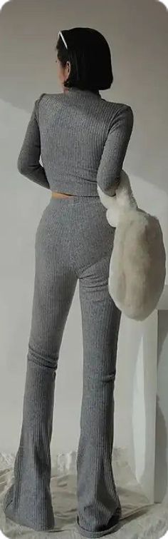 Fitted Gray Sets For Winter, Fitted Gray Winter Sets, Fitted Ribbed Solid Color Sets, Winter Solid Color Ribbed Sets, Solid Ribbed Winter Sets, Fitted Ribbed Winter Sets, Flare Pants Set, Grey Two Piece, Basic Crop Top