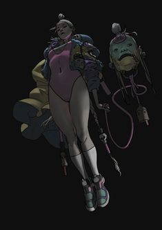 an animated character is standing next to another character in a dark room with two other characters behind her