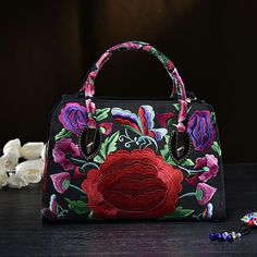 National style embroidered Messenger Bag Handbag Single Shoulder Bag Canvas Size: 32CM * 21.5CM *42CM Embroidery Chinese, Purple Peonies, Retro Handbags, Ethnic Bag, Embroidered Canvas, Bleu Violet, Satchel Tote Bag, Satchel Tote, Embroidered Bag