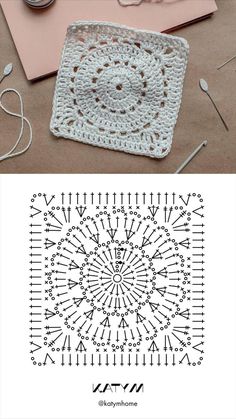 a crocheted square with scissors and thread on the table next to it is an image