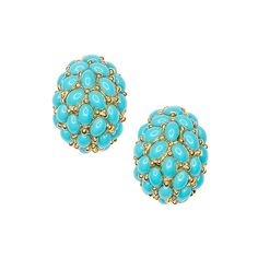 Kenneth Jay Lane,Turquoise Semi Hoop Pierced Earring Complete Any Outfit With These High-Class Gold Semi Hoop Earrings Covered In Turquoise Cabochons. Dimensions: 1" Long Cabochon Earrings, Fake Jewelry, Trifari Jewelry, Gold Earrings Designs, Opal Earrings, Cluster Earrings, Clip Earrings, Kenneth Jay Lane, Gold Hoop