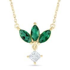 Elevate your elegance with an emerald marquise flower necklace featuring a princess-cut white sapphire dangle charm. Crafted from solid 10k gold, it showcases 0.81 carats of lab-created emeralds and 0.21 carats of lab-created white sapphires. Elegant Marquise Birthstone Necklaces, Elegant Marquise Birthstone Necklace, Fine Jewelry Green Marquise Necklaces, Elegant Green Marquise Necklace, Elegant Dangle Necklaces For May Birthstone, Marquise Diamond May Birthstone Jewelry, Diamond Marquise Jewelry For May Birthstone, Marquise Diamond Jewelry For May Birthstone, Elegant Marquise Emerald Jewelry