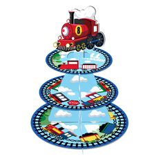 a train themed cake plate on a white background