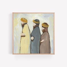 three people wearing hats standing in front of a painting