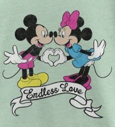 two mickey and minnie mouses making a heart with the words endless love on it