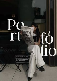 a woman sitting on a chair reading a newspaper