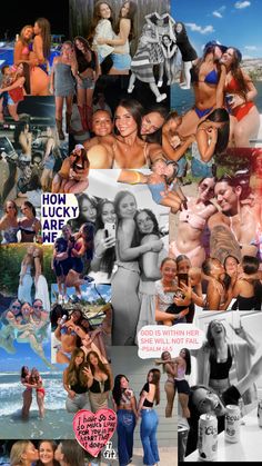 collage of women in swimsuits and bikinis with words on them that read how lucky they are