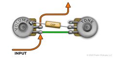 an electrical circuit with the capacitors connected to each other and labeled in orange