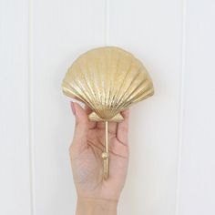 Shell Hook in Gold Sea Shell Bathroom, Beachy Gold Shell For Summer, Gold Ocean-inspired Shell, Brass Shell, Seashell Shower Curtain Hooks, Mermaid Towel Hooks, Violet Room, College House, Nautical Nursery Decor