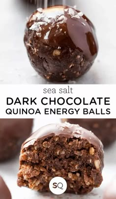 two chocolate balls with sea salt on top and the words dark chocolate quinoa energy balls below