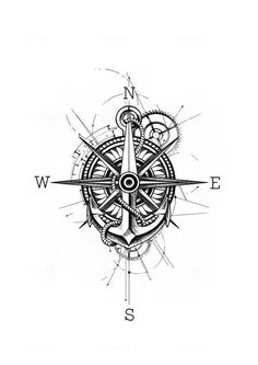 an anchor and compass tattoo design on a white background with the word w e in black ink