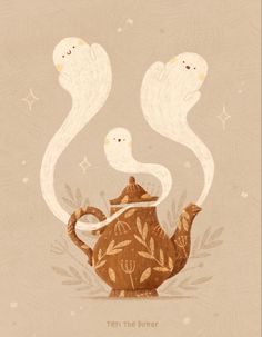 a teapot with two white birds sitting on it's top and one is in the air