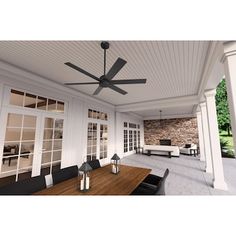 the ceiling fan is hanging from the ceiling in front of an outdoor dining area with tables and chairs