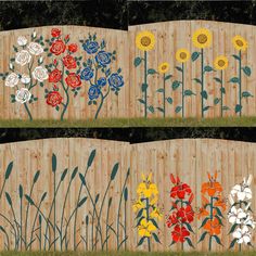 three pictures of flowers painted on wooden fences