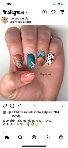 Bull Riding Nails, Southwestern Nail Art, Cute Nails For Fair, Western Manicure Ideas, Bull Skull Nail Art, Cowpoke Nails, Yellowstone Nails Design, Wild West Nails, Highland Cow Nails Designs