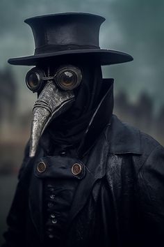 a man wearing a plague mask and top hat