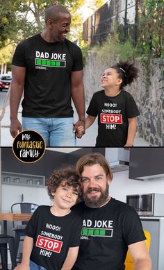 Funny daddy and me shirts for the whole family to enjoy! Matching shirt sets for dad, baby, son, daughter, kid, brother, sister. Family outfit for fathers and children - Dad jokes, puns and bad humor guaranteed! #daddyandme #dadandme #dadandbaby #fatherhood #dadshirts #dadfashion #dadhumor #dadjokes #puns Fun Family T-shirt With Funny Text, Funny T-shirt With Text For Family, Fun Tops With Funny Print For Father's Day, Fun Black Top With Funny Print For Father's Day, Black T-shirt For Father's Day Parenting, Family Matching Black Shirt With Funny Print, Black T-shirt For Father's Day, Fun Black Tops For Father's Day, Funny Slogan Shirt For Father's Day