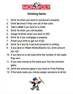 the monopoly drinking game is shown with instructions for how to play it and what to drink