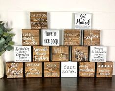 wooden blocks with different sayings on them sitting on a table next to a potted plant