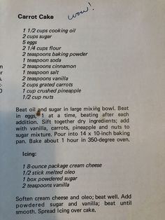 a recipe for carrot cake with instructions on it