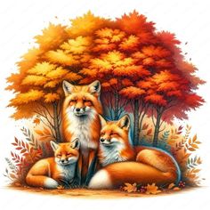 three foxes are sitting in the grass near trees