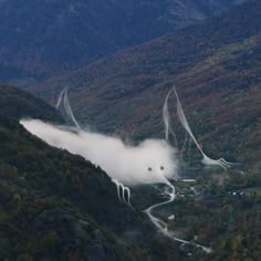 an aerial view of the mountains and valleys with trees in the foreground, while fog covers the valley below