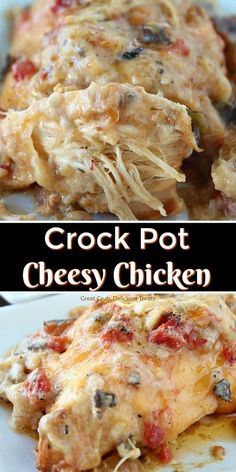 the crock pot cheesy chicken is ready to be eaten