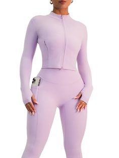 Description: This is a very elegant and high-quality piece that is a MUST for any gym closet. This fitted compression jacket will give you that "BBL" effect around your curves and waist and features a double-zipper design to let you completely control the style & look. Stay warm, cute and compressed in this full zip-up that also feature hand grips. Sizing: True to size Color: Lilac Dream Fabric: Premier Buttersoft Seamless Fitted Activewear With Zipper Closure For Workout, Purple High Stretch Long Sleeve Activewear, Fitted Outerwear With Zipper For Gym, Fitted Outerwear With Zipper Closure For Gym, Fitted Tops With Zipper For Gym, Fitted Gym Tops With Zipper Closure, Functional Fitted Purple Tops, Purple Long Sleeve Activewear For Gym, Purple Long Sleeve Gym Activewear