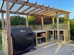 a bbq covered with a black cover on top of a wooden deck