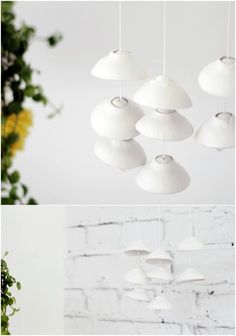 three different views of white lights hanging from the ceiling and in front of a brick wall