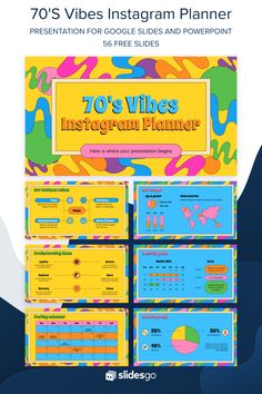 the 70's vibes instagram planner is shown in yellow, blue and pink