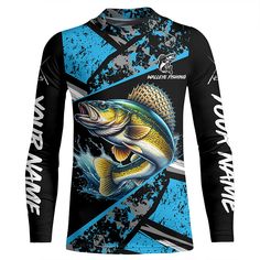 a blue and black shirt with a fish on it