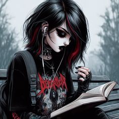 a woman with black hair and piercings sitting on a bench holding an open book