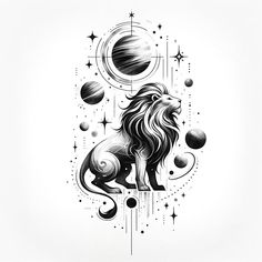 a black and white drawing of a lion surrounded by planets