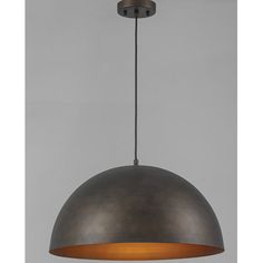 an industrial style pendant light hanging from a ceiling fixture with a metal dome and gold trim